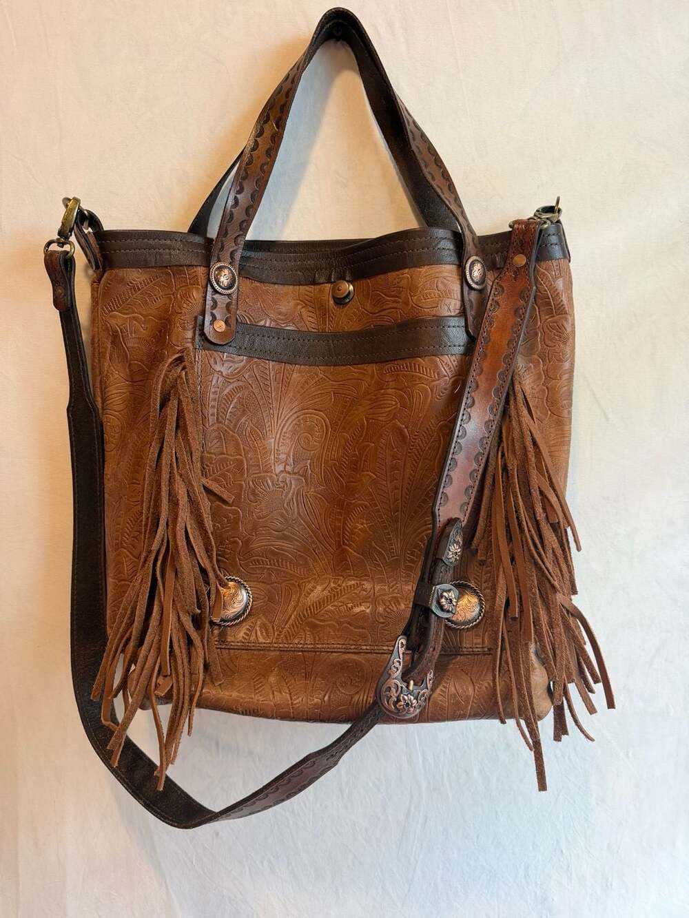 Mku Maker Alvin Tx Tooled Leather Fringe Crossbody Tote Bag Brown